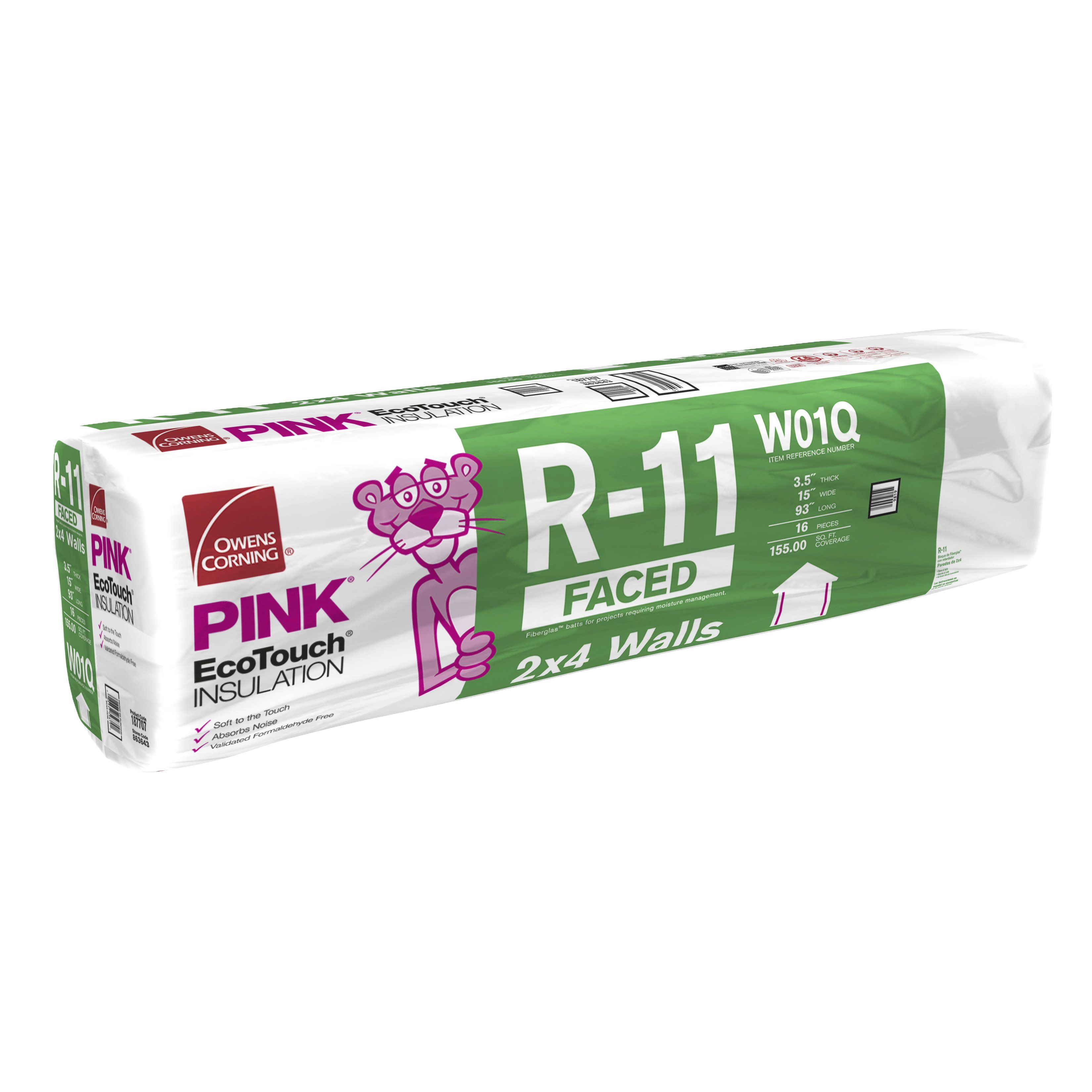 Owens Corning 3-1/2" x 15" x 93" R-11 W01Q EcoTouch&reg; PINK&reg; Fiberglas&trade; Kraft Faced Batt Insulation with PureFiber&reg; Technology - 155 Sq. Ft. Bag