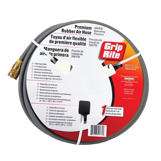 Grip-Rite 3/8" x 50' Premium Rubber Air Hose with Push Lock Coupler & Plug Grey