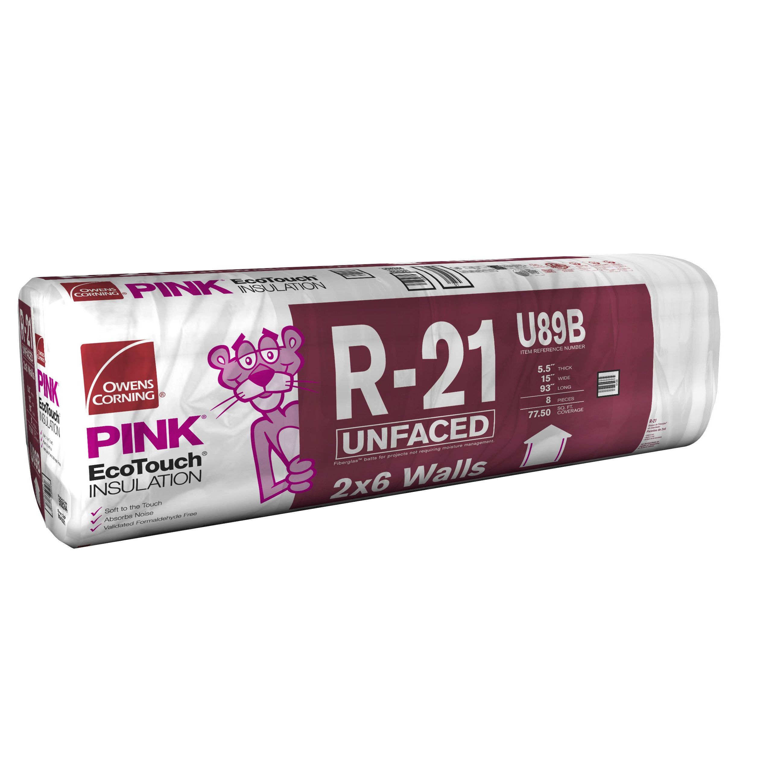 Owens Corning 5-1/2" x 15" x 93" R-21 U89B EcoTouch&reg; PINK&reg; Fiberglas&trade; Unfaced Batt Insulation with PureFiber&reg; Technology - 77.5 Sq. Ft. Bag