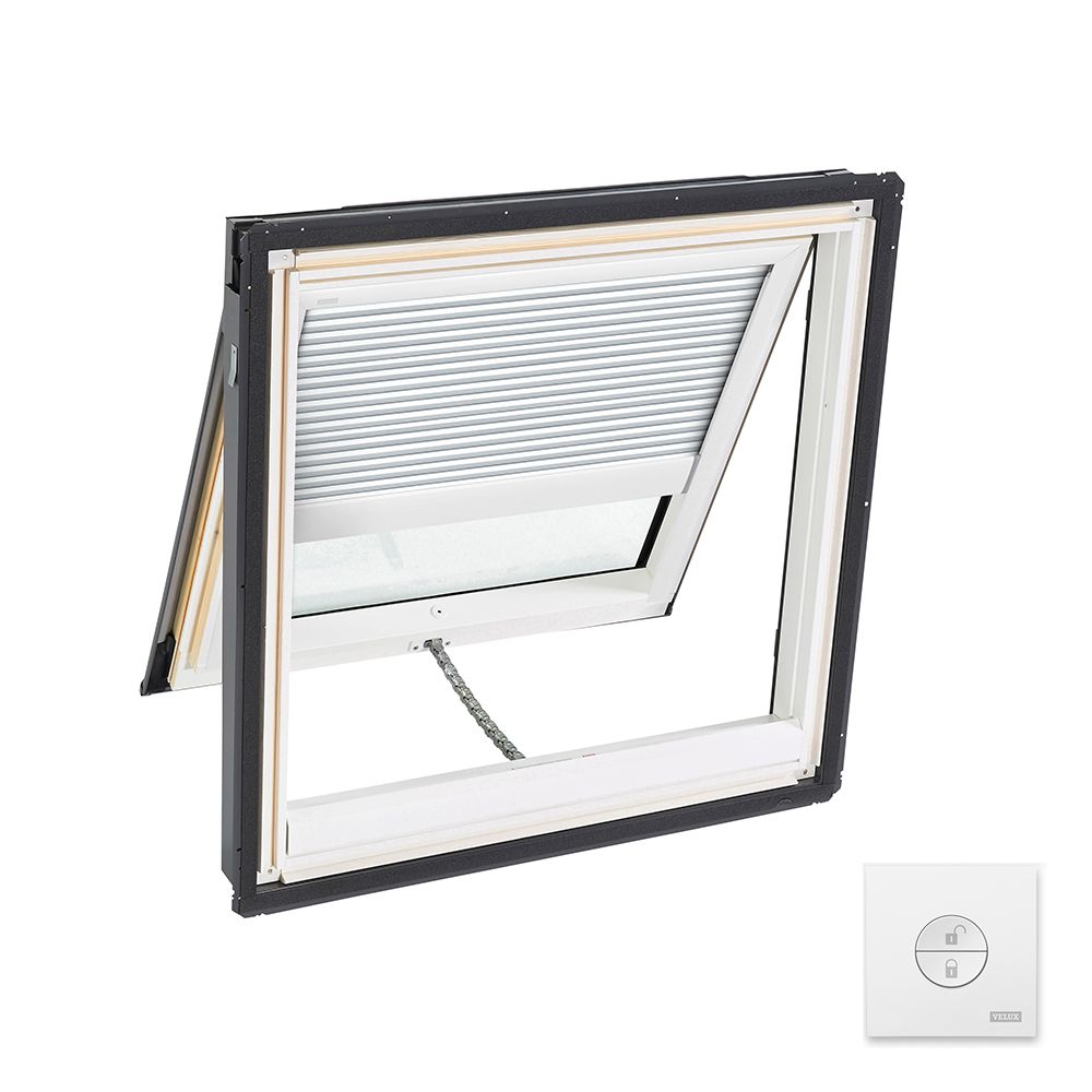 Velux 21" x 26-7/8" Solar Powered "Fresh Air" Deck-Mounted Skylight with Aluminum Cladding, Laminated Low-E3 Glass & White Solar Room Darkening Blind White