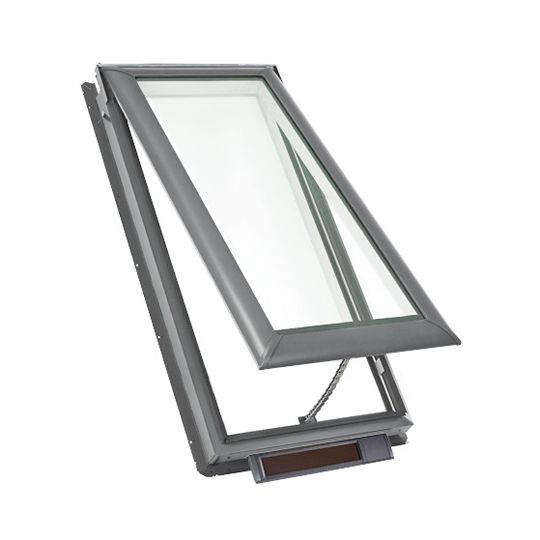 Velux 21" x 45-3/4" Solar Powered "Fresh Air" Deck-Mounted Skylight with Aluminum Cladding, Laminated Low-E3 Glass & Beige Solar Room Darkening Blind White