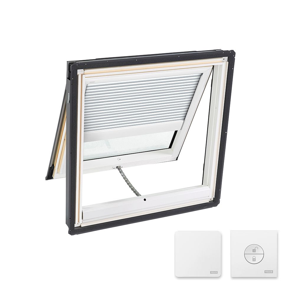 Velux 30-1/16" x 37-7/8" Manual "Fresh Air" Deck-Mounted Skylight with Aluminum Cladding, Laminated Low-E3 Glass & White Solar Room Darkening Blind White