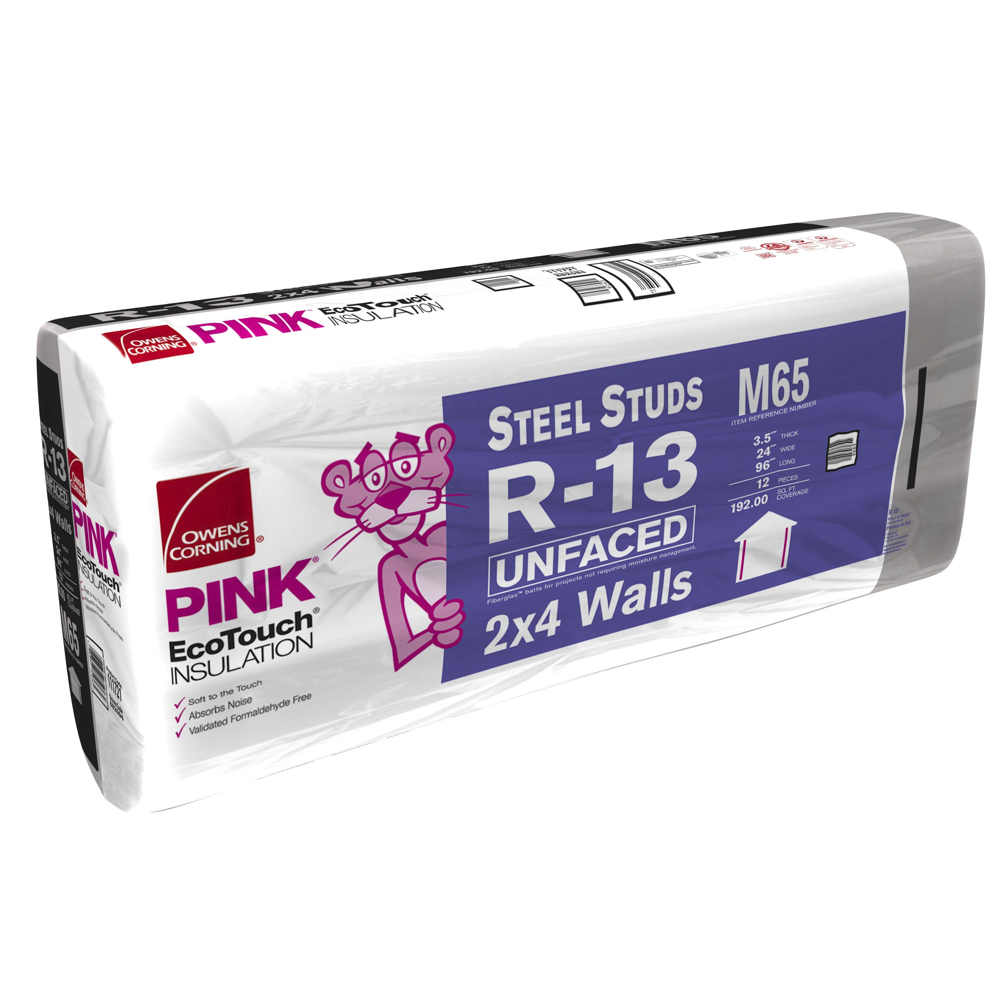 Owens Corning 3-1/2" x 24" x 96" R-13 M65 EcoTouch&reg; PINK&reg; Fiberglas&trade; Unfaced Batt Insulation with PureFiber&reg; Technology - 192 Sq. Ft. Bag