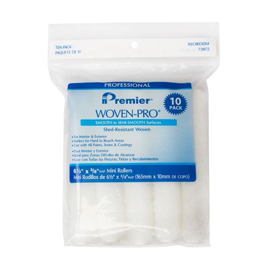 Premier Paint Roller 6-1/2" x 1/4" Nap Woven-Pro&reg; Mini Rollers - Smooth to Semi-Smooth - Pack of 10 White